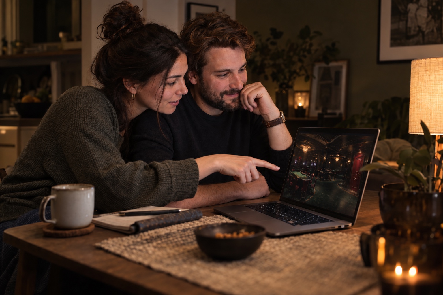 Een stel zit dicht bij elkaar aan de eettafel en kijkt samen naar een laptop